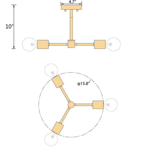 Brass Ceiling Light Semi Flush Mount Fixture 3-Light Sputnik Ceiling Lighting